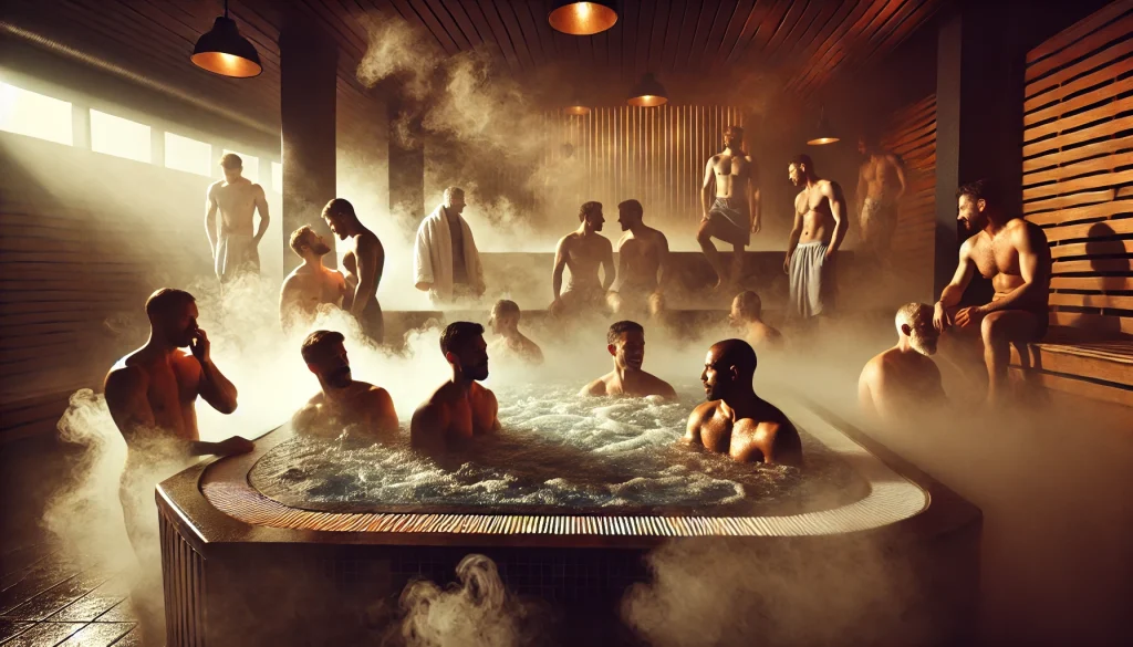 Steamy gay sauna interior